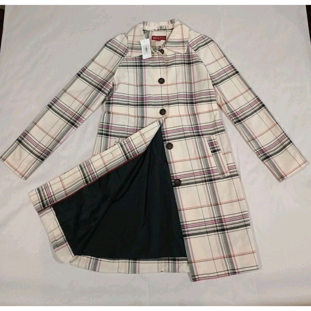Merona Womens S/P Black Cream Trench Coat Jacket Pleated W/ Pockets, Lined, NWT